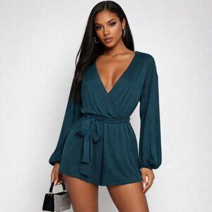 Princess Polly Romper Teal Green Wrap Long Sleeve
